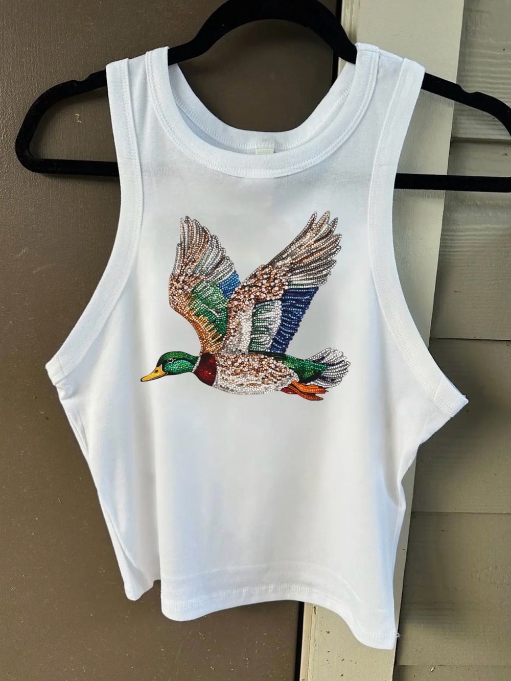White Tank Top with Colorful Rhinestone Mallard Graphic